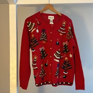 Carly St Claire  Vintage Deep Red Embroidery XmasTree Pads  Cardigan Sweater Lg
